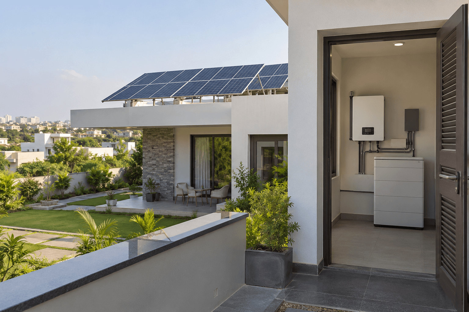 A modern Indian home using rooftop solar panels with grid connection and battery storage