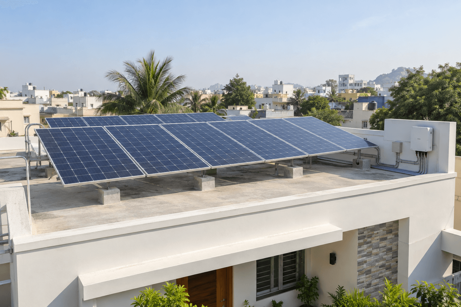 A neat residential rooftop on-grid solar installation with an inverter, photographed in daylight