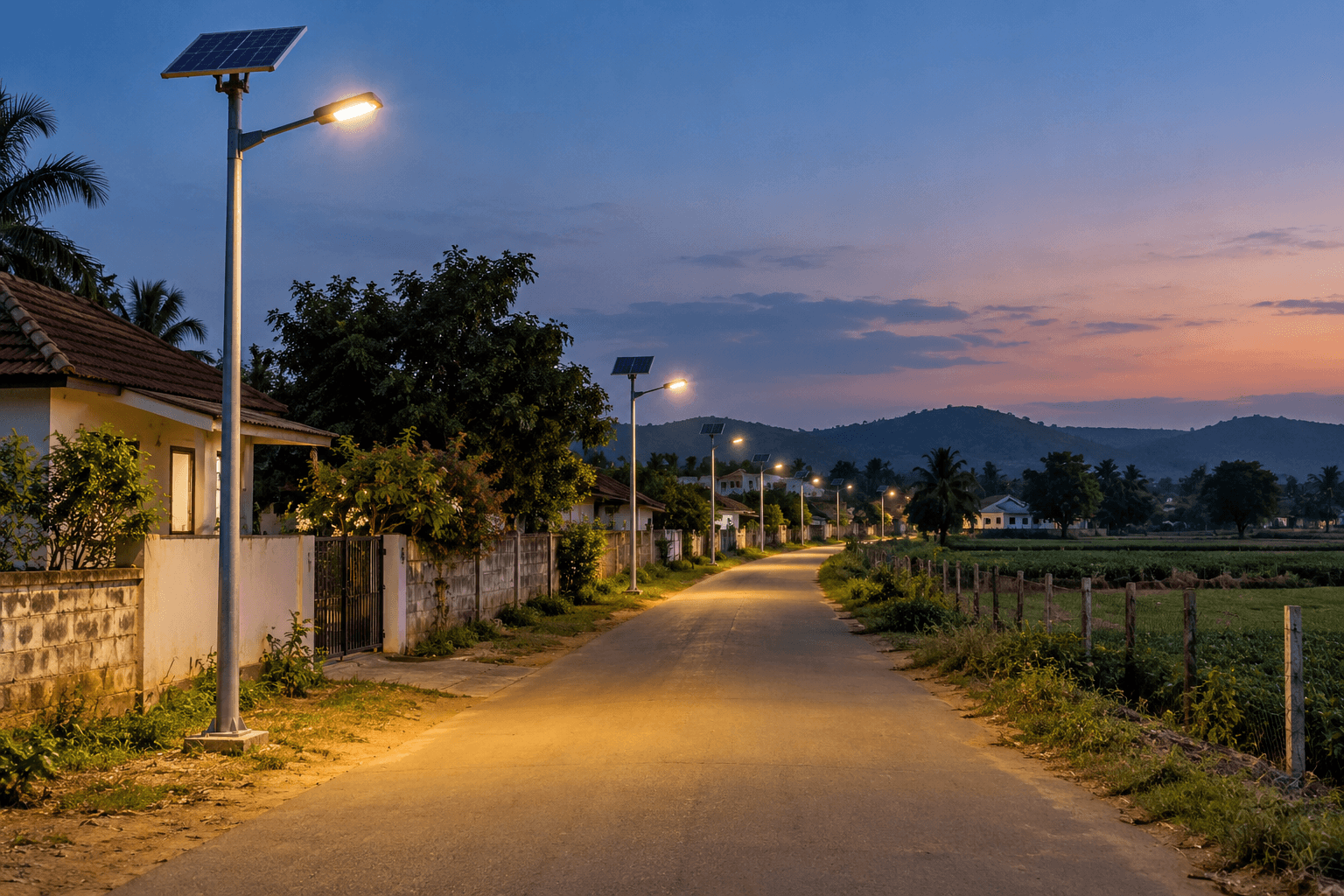 Solar street or security lights on a rural road in India in the early evening