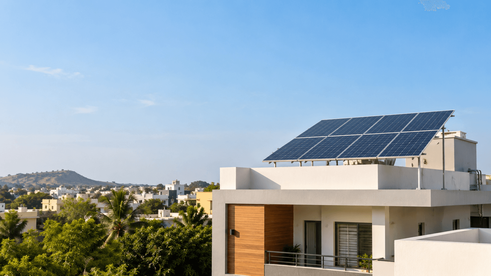 A professionally installed rooftop solar system on a modern home in Telangana during warm daylight