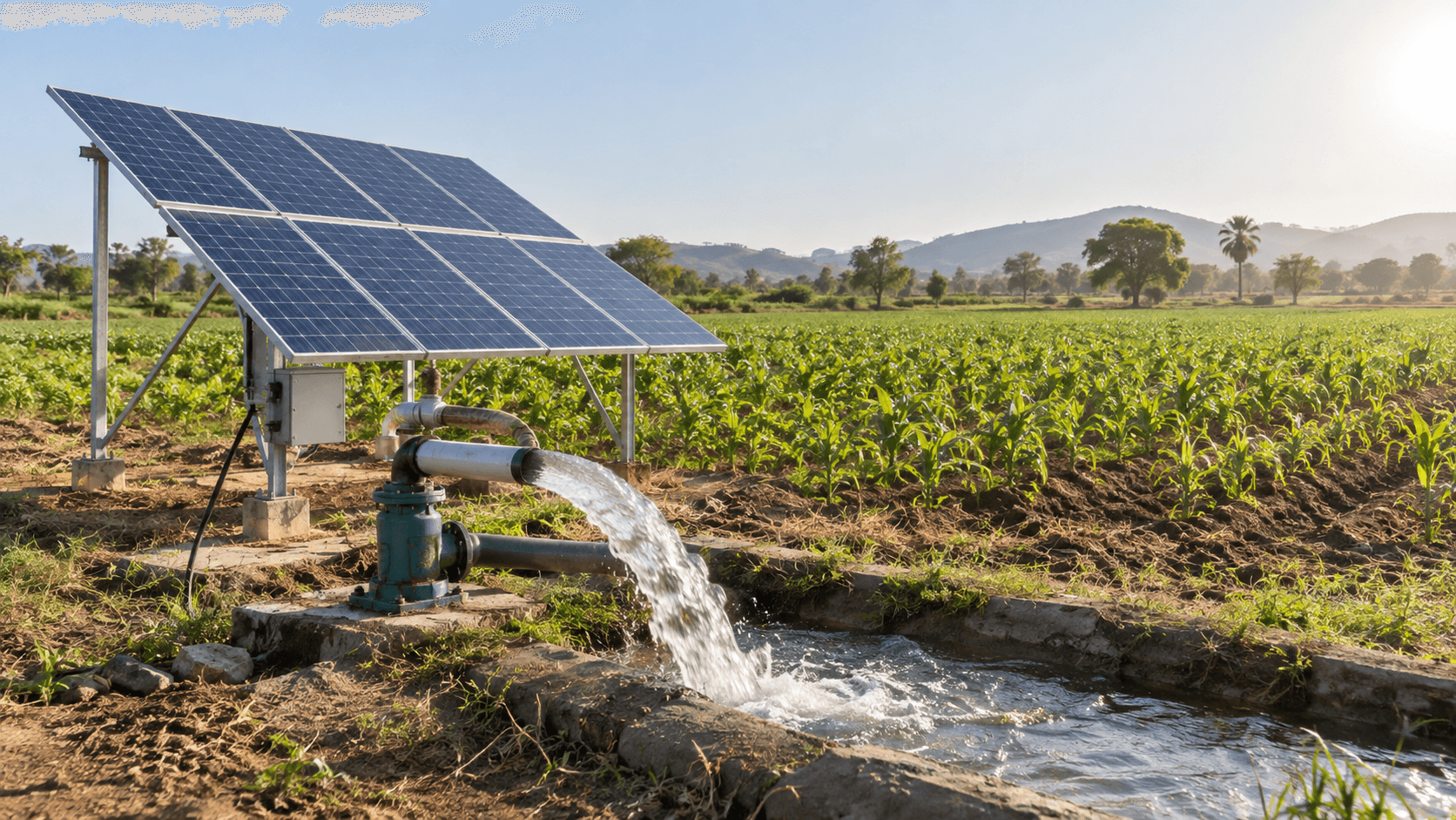 A solar-powered agricultural water pump irrigating a farm field in Telangana
